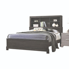 The Lantha bed boasts clean lines and features a rectangular bookcase headboard and low profile footboard in a unique mix of natural hardwood in a gray oak finish. Multiple open compartments on the headboard allow storage for anything from books to accent