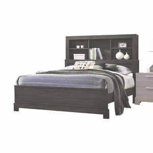 The Lantha bed boasts clean lines and features a rectangular bookcase headboard and low profile footboard in a unique mix of natural hardwood in a gray oak finish. Multiple open compartments on the headboard allow storage for anything from books to accent