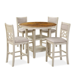 The farmhouse appeal of the Mitchell 5 Piece Counter Dining Table and Chair Set is beautifully created with durability and comfort in mind. This dining set provides spacious seating for four and 2 handy storage shelves located under the table top to displ