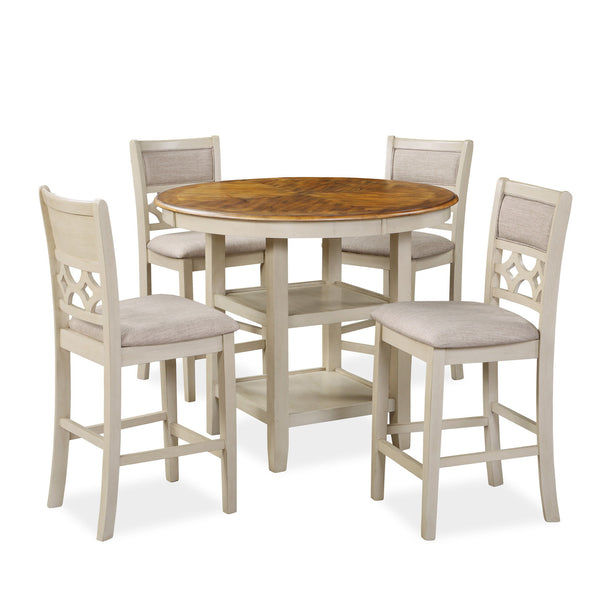 The farmhouse appeal of the Mitchell 5 Piece Counter Dining Table and Chair Set is beautifully created with durability and comfort in mind. This dining set provides spacious seating for four and 2 handy storage shelves located under the table top to displ