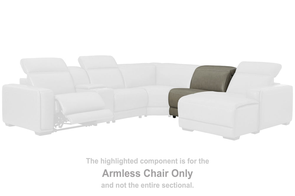 This armless chair is made with a combination of 100% top grain leather and faux leather upholstery. Pairs with other items in the series to make a sectional.<br><br><b>Additional Dimensions</b><br><ul><li>Seat width: 28-"</li><li>Seat depth: 22-"</li><li