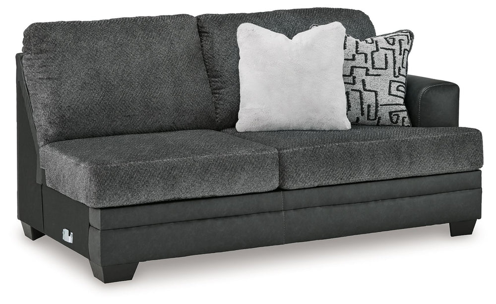 This right-arm facing sofa is made with polyester and faux leather upholstery. Pairs with other items in the series to make a sectional.<br><br><b>Additional Dimensions</b><br><ul><li>Arm height: 27-"</li><li>Seat depth: 23-"</li><li>Seat height: 21-"</li