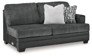 This right-arm facing sofa is made with polyester and faux leather upholstery. Pairs with other items in the series to make a sectional.<br><br><b>Additional Dimensions</b><br><ul><li>Arm height: 27-"</li><li>Seat depth: 23-"</li><li>Seat height: 21-"</li