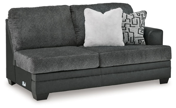 This right-arm facing sofa is made with polyester and faux leather upholstery. Pairs with other items in the series to make a sectional.<br><br><b>Additional Dimensions</b><br><ul><li>Arm height: 27-"</li><li>Seat depth: 23-"</li><li>Seat height: 21-"</li