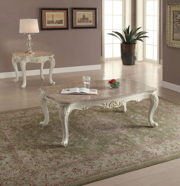 KD, Rect. Coffee Table w/Marble Top â€¢ Curved Apron w/Scrolled Ornamental Details â€¢ Leg: Queen Anne w/Leaf Accent<br/><br/><b>Product Features</b><ul><li>Case: 1Pc/1Ctn</li><li>Finish: Marble & Pearl White</li><li>Style: Vintage</li><li>Materials: Wood