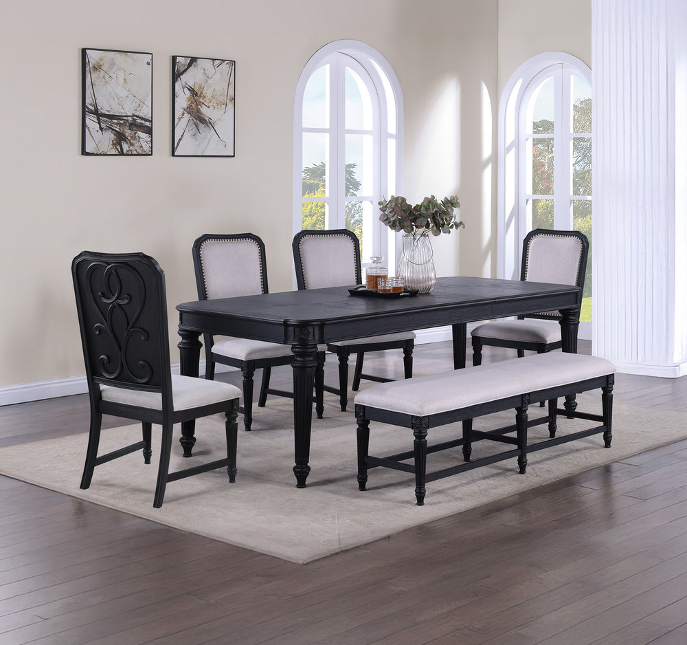 Elevate your dining experience with this elegantly crafted dining set, where traditional design meets modern sensibilities. The centerpiece, a rich black-finished table, stands on fluted legs, exuding an aura of sophistication and grandeur. Paired with ma
