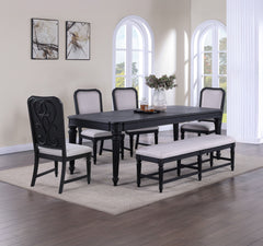 Elevate your dining experience with this elegantly crafted dining set, where traditional design meets modern sensibilities. The centerpiece, a rich black-finished table, stands on fluted legs, exuding an aura of sophistication and grandeur. Paired with ma
