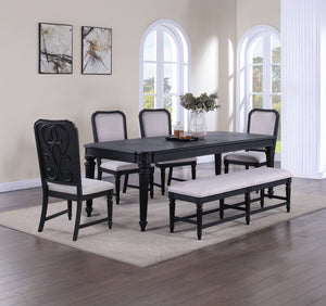 Elevate your dining experience with this elegantly crafted dining set, where traditional design meets modern sensibilities. The centerpiece, a rich black-finished table, stands on fluted legs, exuding an aura of sophistication and grandeur. Paired with ma