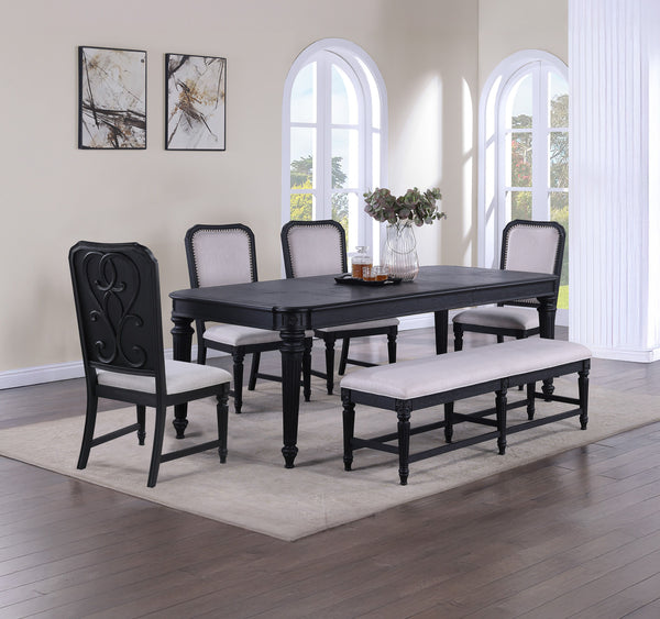 Elevate your dining experience with this elegantly crafted dining set, where traditional design meets modern sensibilities. The centerpiece, a rich black-finished table, stands on fluted legs, exuding an aura of sophistication and grandeur. Paired with ma