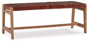 Express your sense of contemporary yet comfortable style with this accent bench. Its on-trend frame is accented by brown leather strips in a basket weave pattern for a mid-century modern aesthetic. Tuck this modern gem into an entryway or home office.<br/