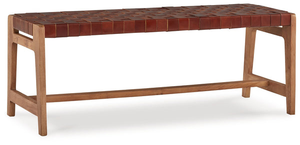 Express your sense of contemporary yet comfortable style with this accent bench. Its on-trend frame is accented by brown leather strips in a basket weave pattern for a mid-century modern aesthetic. Tuck this modern gem into an entryway or home office.<br/