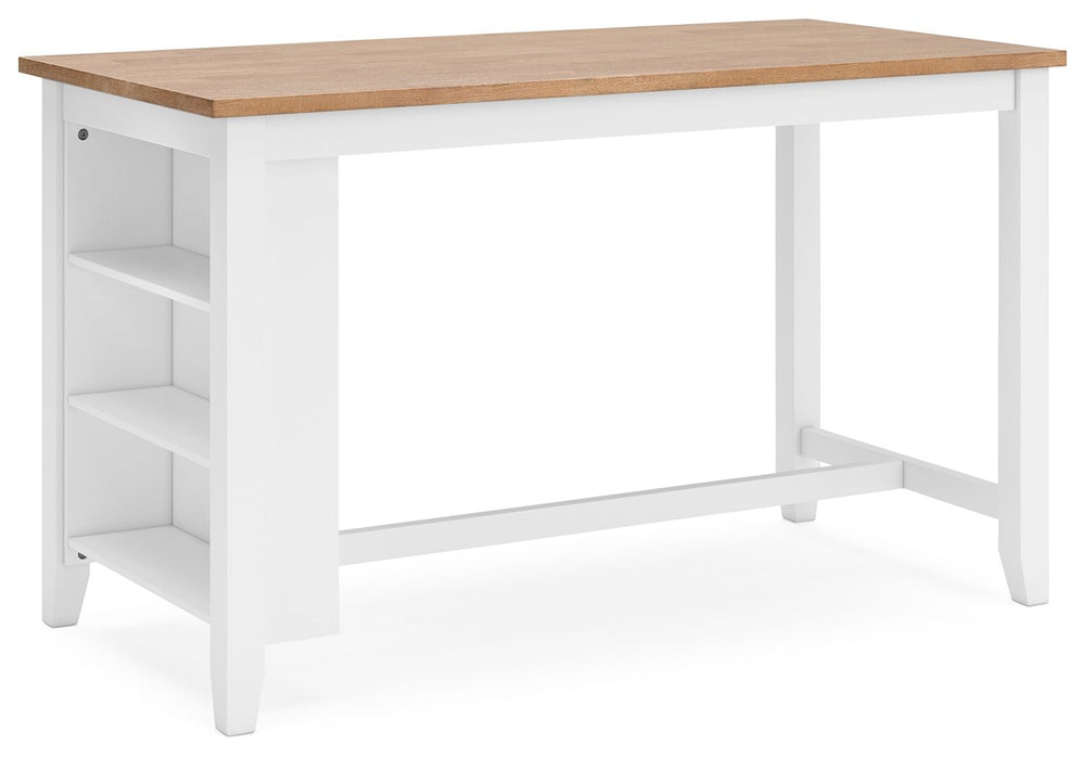 Complement your homeâ€™s simply relaxed sensibility with this counter height dining table. A crisp white hue offers a chic contrast to the natural wood tone, for a neutral look that vibes with a variety of aesthetics. Built-in storage shelves keep kitchen