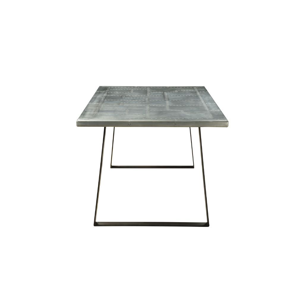 With a touch of vintage and modern charm, the Kaylia dining table combines durable steel construction in aluminum and iron metal. The table features a unique metal sled base and aluminum top paired with padded top grain leather side chairs in 2 choices of