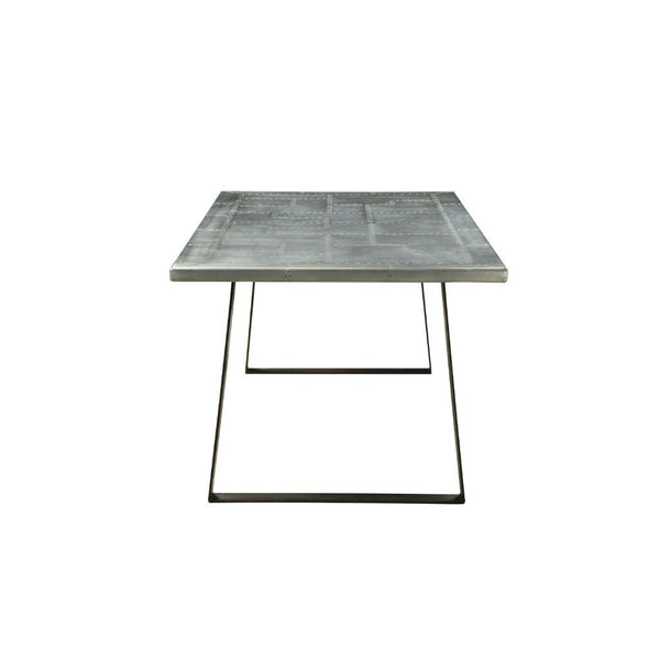  the Kaylia dining table combines durable steel construction in aluminum and iron metal. The table features a unique metal sled base and aluminum top paired with padded top grain leather side chairs in 2 choices of