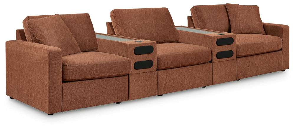 Looking cool and contemporary is great. But when it comes down to it, youâ€™re all about low-maintenance lounging. With the performance fabric on this sectional with audio system, cleaning spills is a breeze. Its customizable modular design caters to your