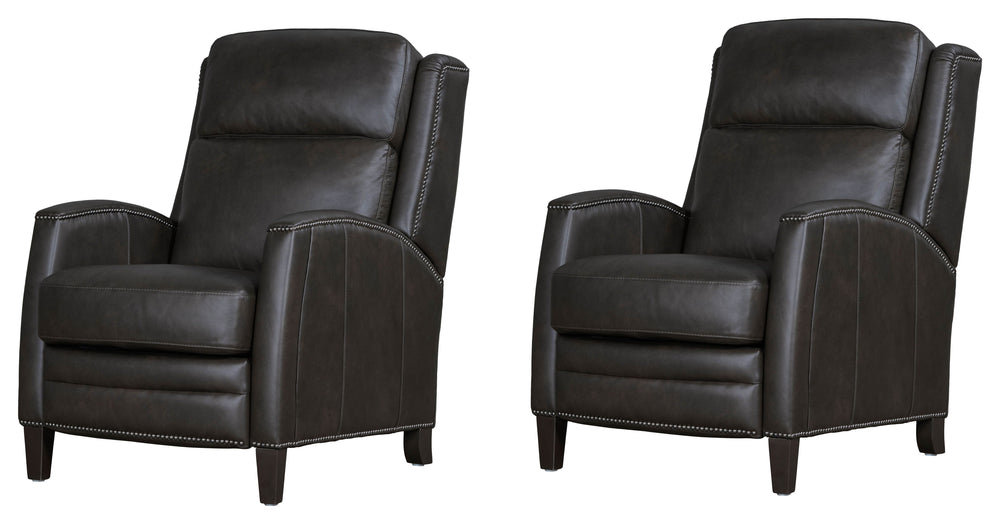 The Vermont pushback recliner offers a luxurious and effortless manual pushback recline feature, allowing you to easily find the most comfortable position for relaxation. It is upholstered in soft leather with custom matching and features decorative nail 
