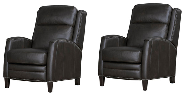 The Vermont pushback recliner offers a luxurious and effortless manual pushback recline feature, allowing you to easily find the most comfortable position for relaxation. It is upholstered in soft leather with custom matching and features decorative nail 