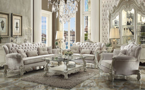 The Versailles collection with bone white finish will create you an elegant, warm and traditional taste in your living room. The sofa set reflects highly decorative base with scrolled feet, and the upholstered seats with the deep button tufted and Nailhea