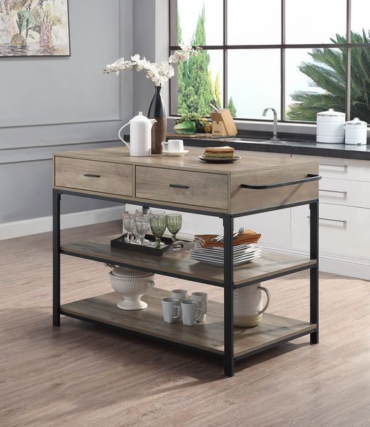 KD Table Top Thickness: 15mm Metal Tube(Leg): 40 x 20mm Metal Tube(Shelf): 20 x 20mm<br/><br/><b>Product Features</b><ul><li>KD Rectangular Kitchen Island</li><li>Metal Base</li><li>Storage: 2 Drawers & 2 Tier Shelf</li><li>Case: 1Pc/1Ctn</li><li>Finish: 