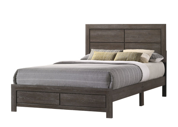  ideal for creating a tranquil and cozy retreat. The ensemble features a robust bed with a clean-lined headboard that brings a touch of rustic charm. The wood grain finish is complemented by