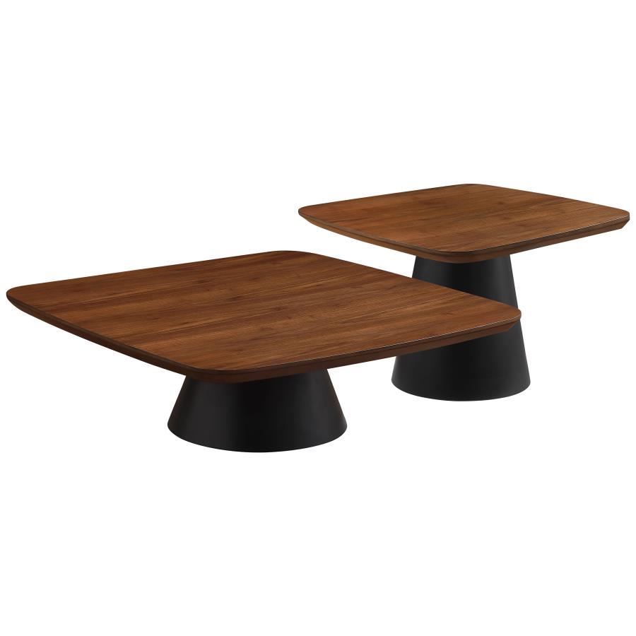 Refresh the style of your contemporary or vintage inspired living space with a set of two coffee tables. They pair perfectly, creating a waterfall effect with the smaller square table just a bit taller than the larger table. Each boasts a warm walnut fini