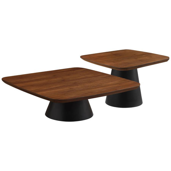 Refresh the style of your contemporary or vintage inspired living space with a set of two coffee tables. They pair perfectly, creating a waterfall effect with the smaller square table just a bit taller than the larger table. Each boasts a warm walnut fini