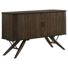 Elevate your dining area with this mid-century modern server. Beautifully designed with campaign style influences, this contemporary server rests on striking flared legs that offer a retro-inspired aesthetic. Tambour doors with finger-tip pulls bring out 