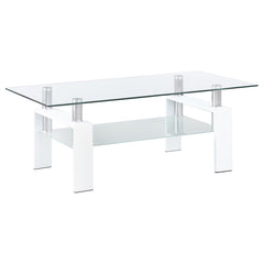Enhance your living room with this sleek rectangular cocktail table, designed for style and functionality. It features a clear tempered glass top, complemented by a frosted tempered glass lower shelf for added storage or display. Supported by a sturdy met