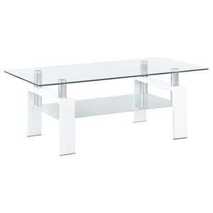 Enhance your living room with this sleek rectangular cocktail table, designed for style and functionality. It features a clear tempered glass top, complemented by a frosted tempered glass lower shelf for added storage or display. Supported by a sturdy met