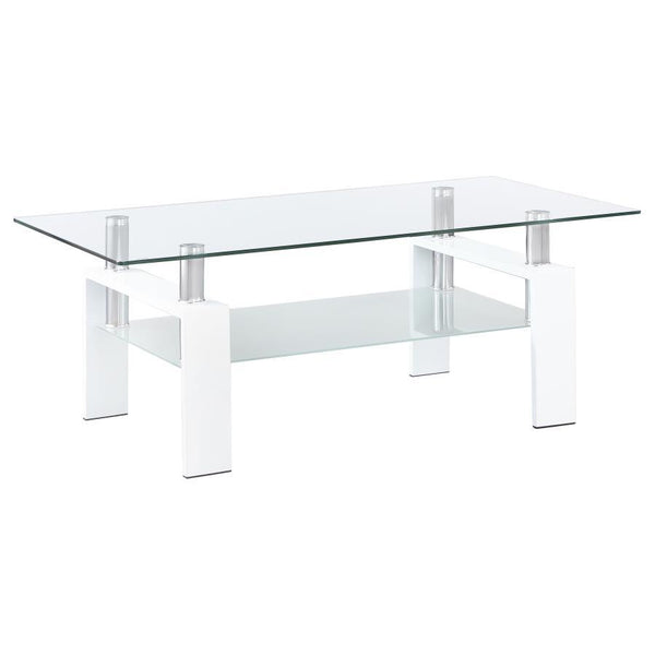 Enhance your living room with this sleek rectangular cocktail table, designed for style and functionality. It features a clear tempered glass top, complemented by a frosted tempered glass lower shelf for added storage or display. Supported by a sturdy met