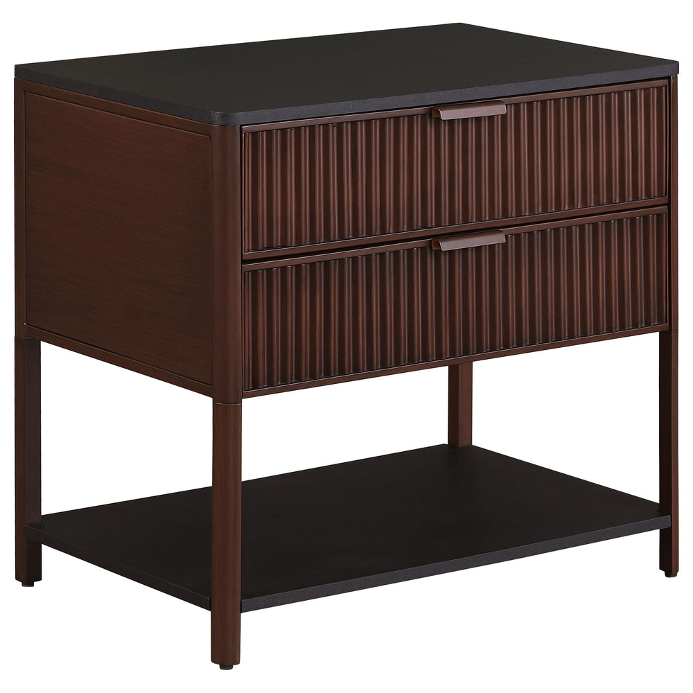 Enhance your living space with this versatile side table, which can also serve as a stylish bedside table. Its two spacious drawers feature elegant fluted detailing, adding texture and sophistication to your dÃ©cor. The sturdy metal frame, finished in a r