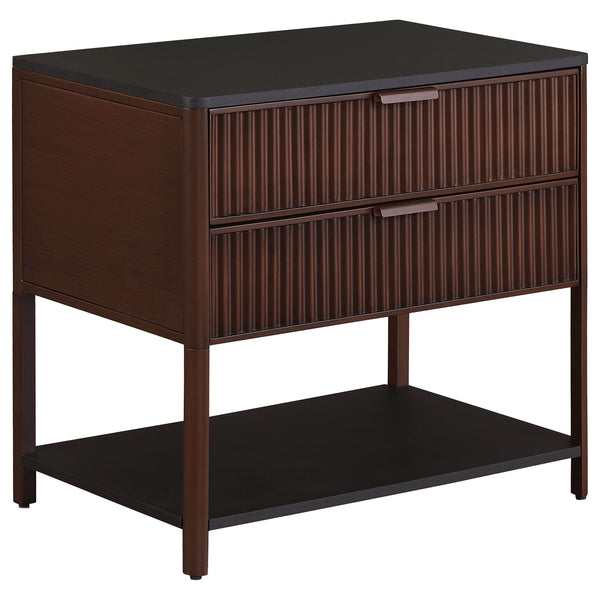 Enhance your living space with this versatile side table, which can also serve as a stylish bedside table. Its two spacious drawers feature elegant fluted detailing, adding texture and sophistication to your dÃ©cor. The sturdy metal frame, finished in a r