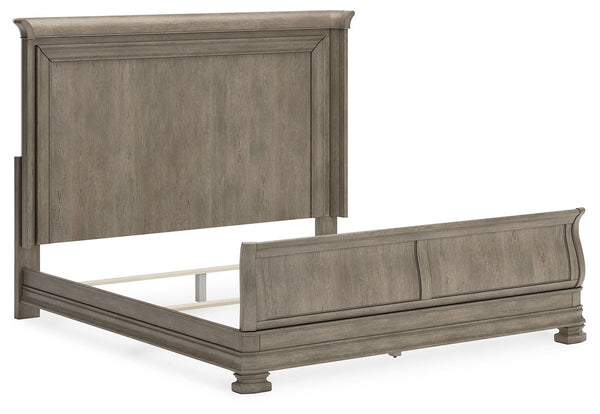  this California king sleigh bed is distinguished by its stunning attention to detail. Youâ€™ll find the light gray finish encourages an attitude of lai