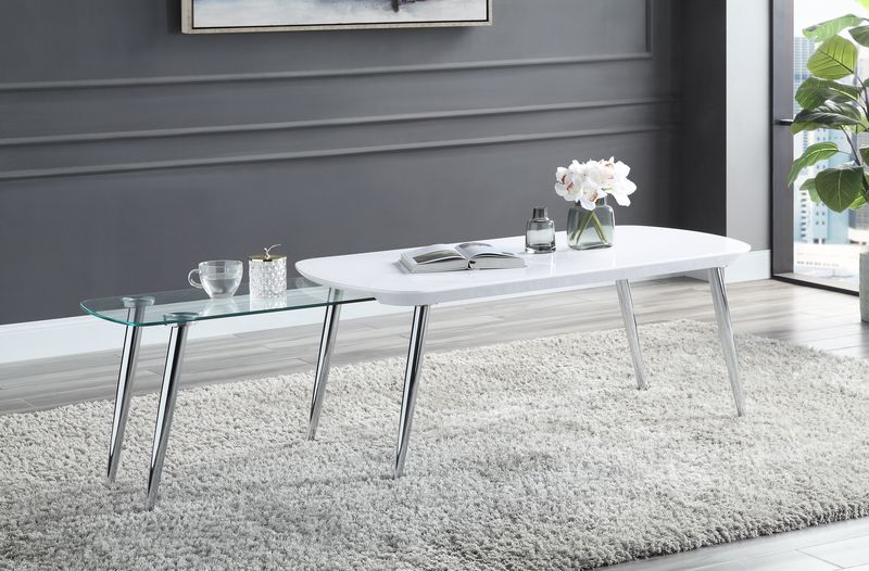 â€¢KDâ€¢6 Metal Legsâ€¢Wooden & Glass TableTopâ€¢Tempered Glassâ€¢Table Top Thickness(MDF): 45 mmâ€¢Table Top Thickness(Glass): 10mm<br/><br/><b>Product Features</b><ul><li>1 Pull Out Table Top Included</li><li>High Gloss Finish</li><li>Chrome Metal Leg</