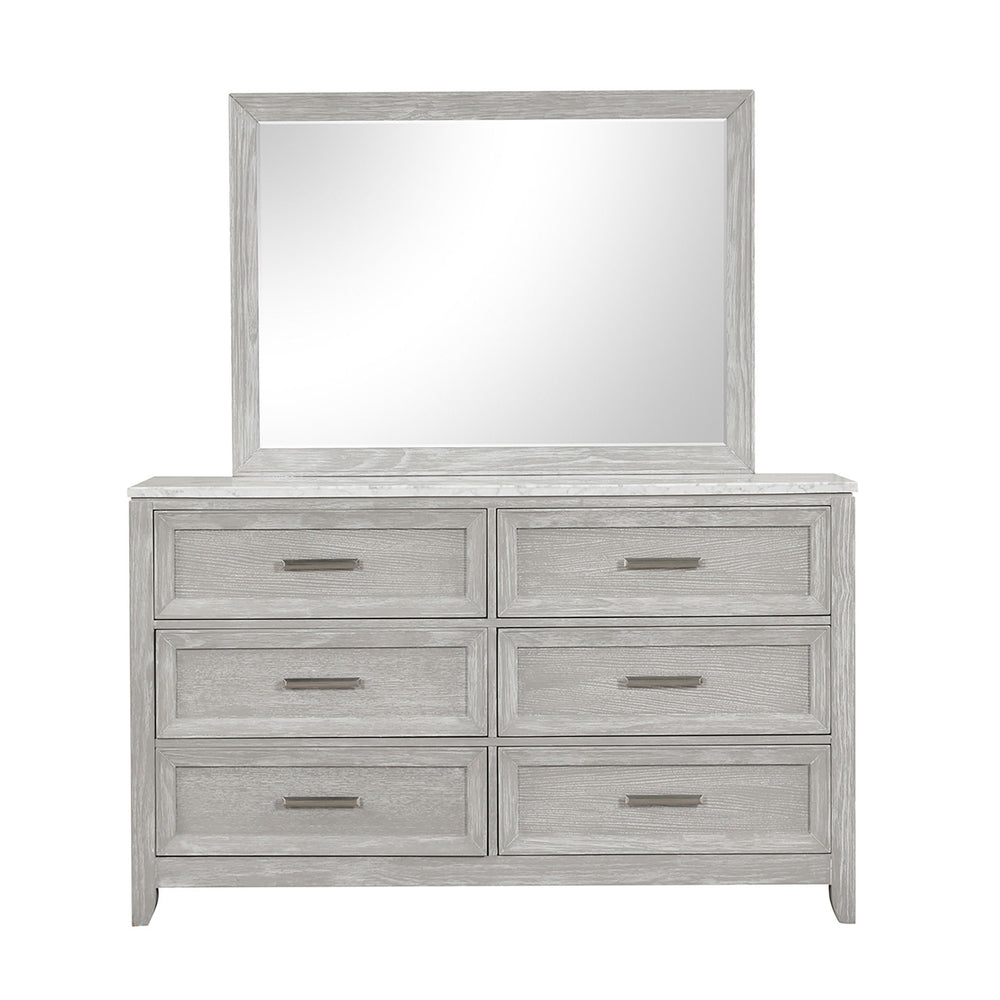 The Fiona Mirror is constructed from solid Acacia, manufactured woods, and oak veneer promising both aesthetic appeal and enduring quality. The natural wood grain is accentuated through a meticulous multi-step finish, culminating in a light, mist gray hue