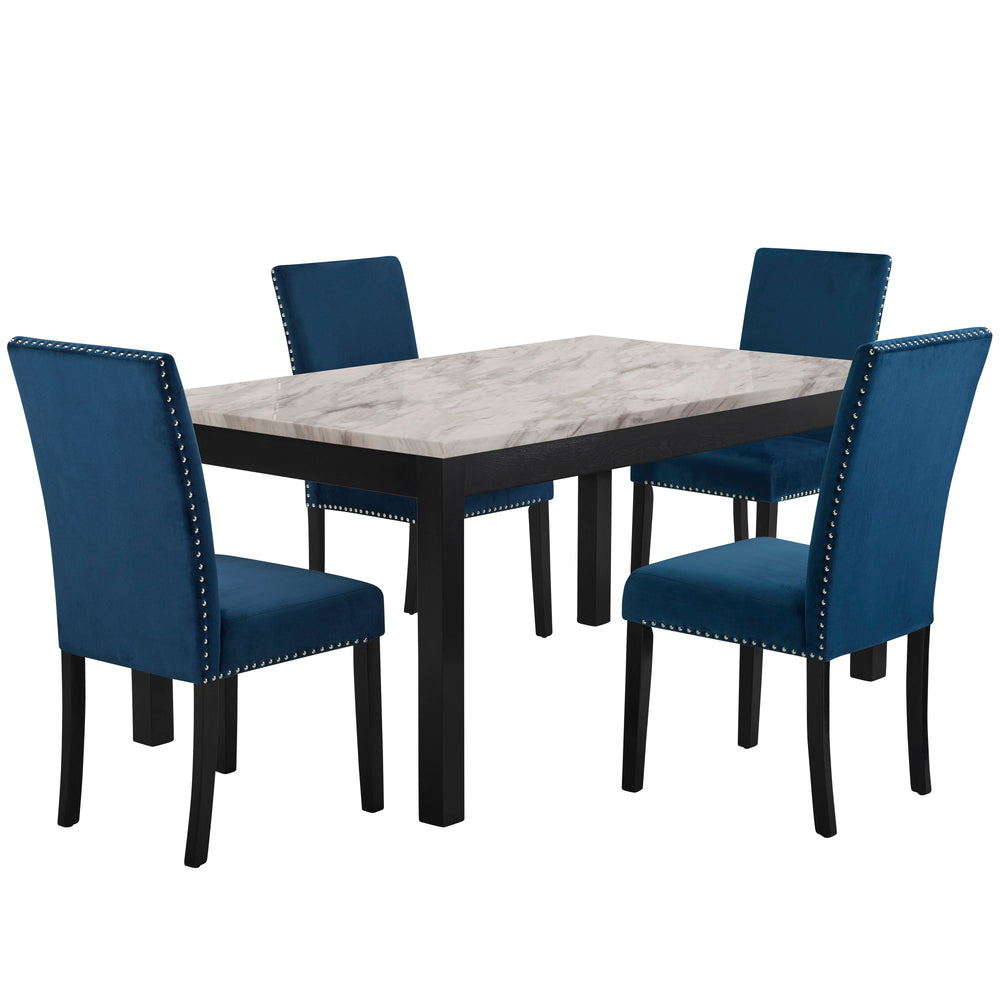 The Celeste 5-Piece Dining Set is a picture of modern luxury and enduring craftsmanship. This set includes a striking 64-inch dining table with an espresso base and a faux marble top, accompanied by four exquisite blue velvet chairs. Crafted from solid Ru