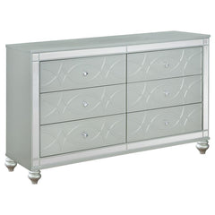 Give your home a modern glam update to classic design with this transitional six-drawer dresser. It features a glitzy design that takes center stage in any modern bedroom. It-'s fashioned with a vibrant silver metallic finish with fret work detail on the 