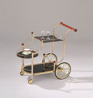 KD, Serving Cart Open Storage: 3 Glass Shelves 5mm Black Printed Tempered Glass (Size Top: 391 x337mm, Mid: 335 x 335mm, Bottom: 603 x 328mm Wooden Hand Rail: Cherry Finish, RBW Metal Frame: Gold Plated 4 Caster Wheels Included<br/><br/><b>Product Feature