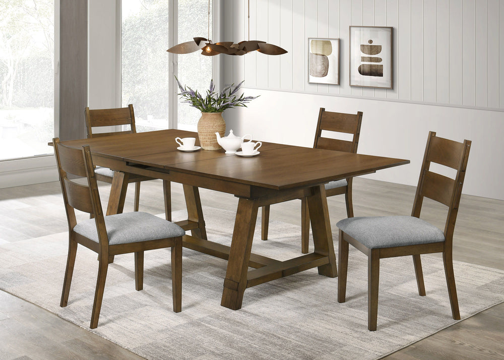 This dining group brings a blend of rustic charm and contemporary elegance to any dining space. Crafted from rich wood with a warm finish, it radiates an inviting feel thatâ€™s perfect for family gatherings and stylish entertaining. The sturdy table featu