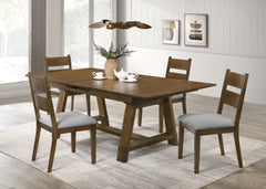 This dining group brings a blend of rustic charm and contemporary elegance to any dining space. Crafted from rich wood with a warm finish, it radiates an inviting feel thatâ€™s perfect for family gatherings and stylish entertaining. The sturdy table featu