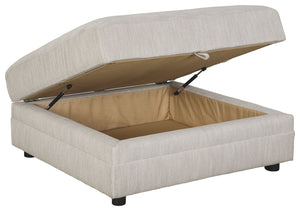  contemporary form with practical function. Beneath the ottomanâ€™s hinged lift top lies a roomy storage compartment full of potential. Whether you reserve it for seasonal throws