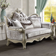 The Libertee collection sofa set is a blend of classic elegance and modern comfort. Finished in champagne, this set features a KD back, legs, and armrests with a wooden inner frame. The tight back and loose seat cushions, constructed with pocket coils, en