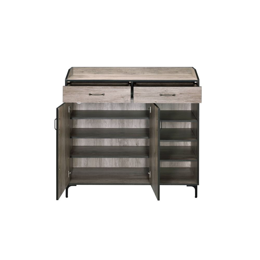 Rectangular Cabinet â€¢ Storage: 2 Drw, LF Doors (Inside 4 Compartments, 3 Wooden Shelves, Adj), RF 4 Open Compartment (3 Wooden Shelves, Adj) â€¢ Wooden Case: Rustic Finish with Contrast Trim, Top with Back & Side Panels â€¢ Metal Bracket Leg<br/><br/><b