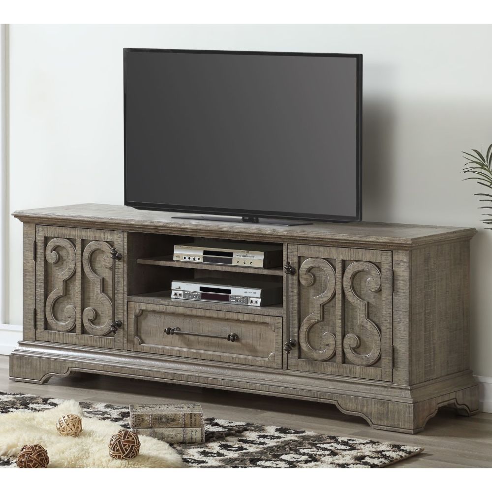 The Artesia entertainment and TV stand are exclusively designed and filled with romantic spirit. Decorated with over-sized and scrolled motifs in a salvaged natural finish, every detail of this collection will bring sophistication to your living room and 