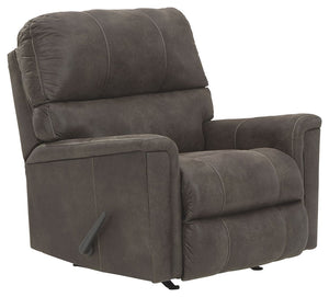 If you love the cool look of leather but long for the warm feel of fabric, you can take comfort in this rocker recliner. Wrapped in a fabulous faux leather with a weathered hue and hint of pebbly texture to resemble the real deal, this decidedly modern re