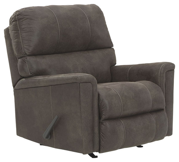 If you love the cool look of leather but long for the warm feel of fabric, you can take comfort in this rocker recliner. Wrapped in a fabulous faux leather with a weathered hue and hint of pebbly texture to resemble the real deal, this decidedly modern re