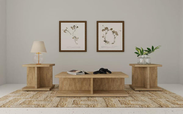 Infuse your living room with warmth and rustic charm using this coordinated set of coffee and end tables. Crafted from engineered wood and finished in a rich mango tone, these tables blend durability with timeless aesthetics. The scratch-resistant laminat