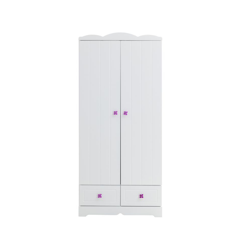 KD, Rectangular Wardrobe Storage: 2 Doors (Inside: 1 Wooden Shelf, Hanging Rod), 2 Drawers Drawer: KD, GLIDE) Side Metal, JOINT) Cam+Dowel, INSIDE) Felt-Lined NOT Included, Manual-Closing, Hardware: Single Floral Pull-Knob (Plastic) CONSTRUCTION] Wooden C