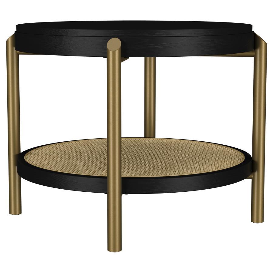This round end table showcases a refined blend of natural and industrial elements, perfect for modern interiors. Crafted from Asian hardwood, engineered wood, and ash veneer, its finish highlights the table-'s organic grain for a subtle, rustic appeal. Th