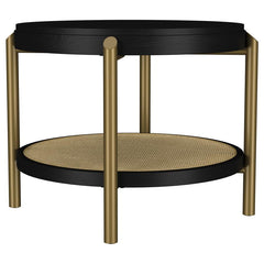 This round end table showcases a refined blend of natural and industrial elements, perfect for modern interiors. Crafted from Asian hardwood, engineered wood, and ash veneer, its finish highlights the table-'s organic grain for a subtle, rustic appeal. Th